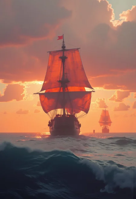 High Quality, hyperdetailed high Resolution ohoto, a moody scenery Landscape, a wide Angle Shot over a detailed massive galley at SEA, hyperdetailed naval effects, high waves, atmospheric lighting, oranate ancient/medieval Style, translucent bleaked orange sails, atmospheric orange/pink sundawn behind billowing Clouds, atmospheric lighting, volumetric lighting, atmospheric haze,