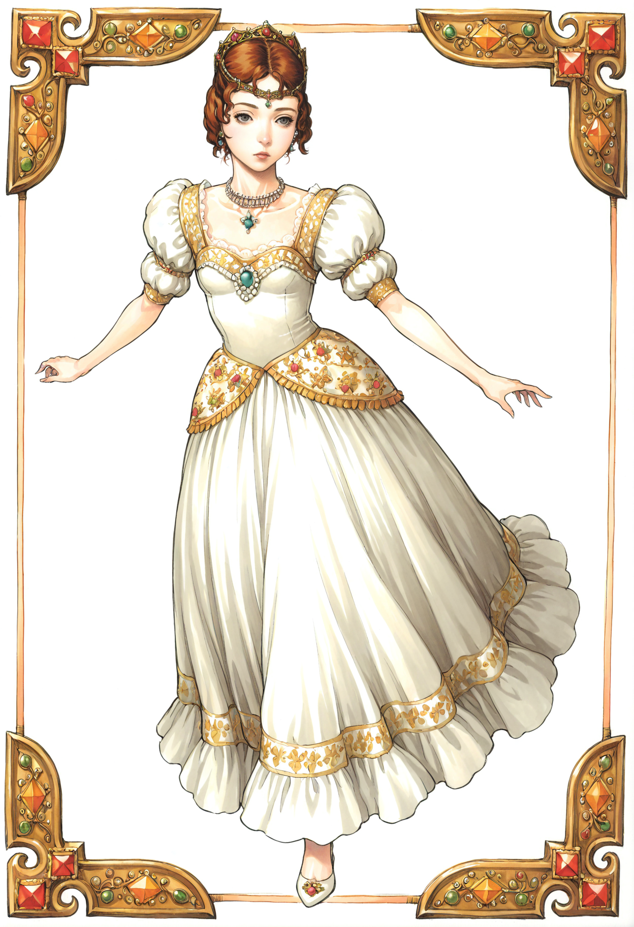 <lora:add-detail-xl:1>,masterpiece,best quality,absurdres,highres,detailed eyes,beautiful,detailed background,perfect eyes,realistic,
1girl,solo,dynamic pose,white background,full body,
<lora:Sharurotto:1>,brown hair,lips,grey eyes,brown eyes,black eyes,eyelashes,red hair,jewelry,necklace,dress,puffy sleeves,short hair,princess,tiara,short sleeves,earrings,crown,white dress,puffy short sleeves,gem,long sleeves,hat,collarbone,