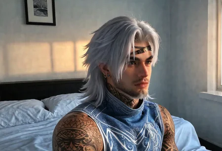 Gay++, homoerotic, hyper masculine, solo, (white hair, white body hair, white beard), (((male))), sheets covering body, in the bedroom, sitting on bed, headshot, sunrise, 20yo, gray eyes, scruffy, confident, (medium hair), ((athletic, narrow waist, wide shoulders)), cocky, gigachad, scruffy, shaggy, head tilted back++, face freckles, earrings, nose piercing, eyebrow piercing, blackout tattoos, tattoos, BREAK
Portrait photo, relaxed, in bed, bedroom, indoors, morning, sunrise, (warm lighting)
bokeh, highly detailed, Fujifilm XT-4,
LanGe, LanGe_silver-blue-hair, LanGe_long-medium-wavy-hair, LanGe_dark-eyebrows, LanGe_gray-eyes, LanGe_asian-shaped-eyes, LanGe_golden-head-ornament,