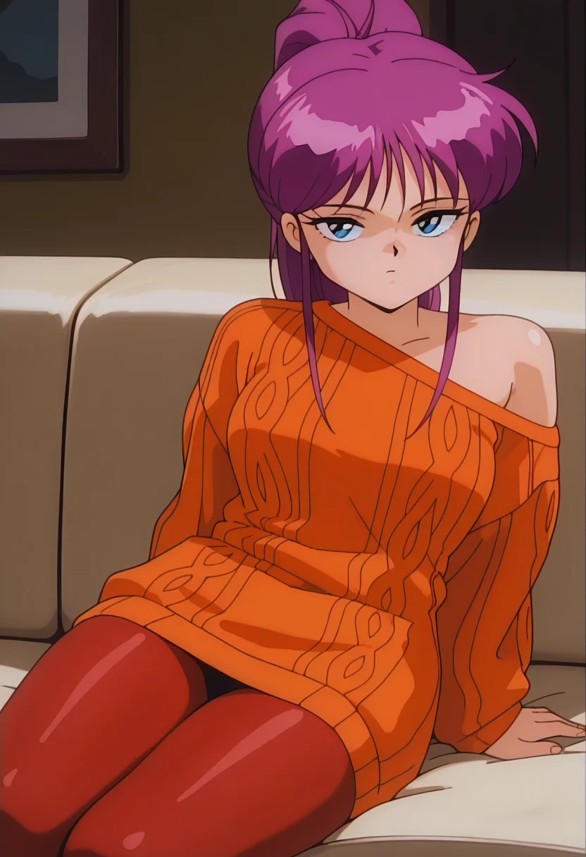 masterpiece, best quality, amazing quality, absurdres, retro artstyle, 1girl, solo, retro artstyle, takamiww, blue eyes, purple hair, long hair, ponytail, sidelocks, medium breasts, orange sweater dress, off shoulder, long sleeves, red pantyhose, <lora:Oide_Takami_Nageki_no_Kenkou_Yuuryouji_ill_v11:0.9>, sitting, legs together, narrowed eyes, expressionless, looking at viewer, skindentation, detailed clothing folds, depth of field, sharp, high contrast, dynamic light
