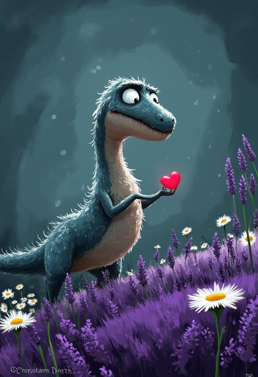 A whimsical illustration of an impossibly elongated T-Rex with a stretched accordion-like neck and tiny, delicate front arms, in dark whimsical art style, tenderly holding a small glowing heart that pulses with warm pink light between his miniature claws, digital painting with expressive brushstrokes creating texture in his rough scaly skin, standing among purple lavender fields with white and yellow daisies swaying at his feet, characteristic Tim Burton inspired design with enormous gentle silver eyes that sparkle with childlike wonder, his long body gracefully weaving through the flowers