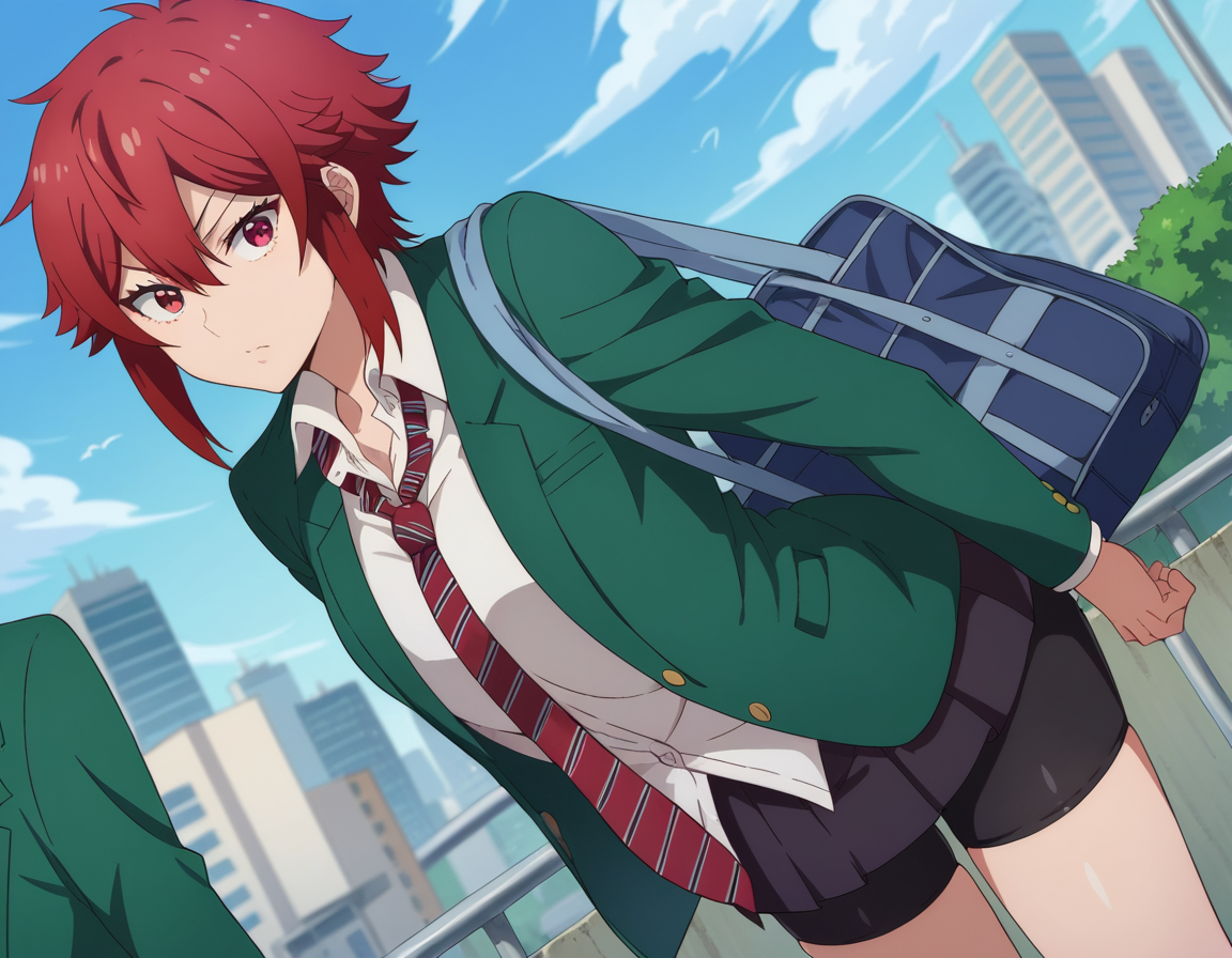 score_9, score_8_up, score_7_up, source_anime,
tomoaizawa, <lora:tomo-aizawa-ponyxl-lora-nochekaiser:1>,
tomo aizawa, short hair, red eyes, hair between eyes, red hair,
skirt, shirt, school uniform, jacket, white shirt, pleated skirt, necktie, striped, black skirt, blazer, red necktie, school bag, green jacket, striped necktie, green blazer, bike shorts,
outdoors, cityscape, bent over,
looking at viewer, dutch angle, cowboy shot,
