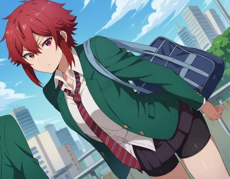 score_9, score_8_up, score_7_up, source_anime,
tomoaizawa, <lora:tomo-aizawa-ponyxl-lora-nochekaiser:1>,
tomo aizawa, short hair, red eyes, hair between eyes, red hair,
skirt, shirt, school uniform, jacket, white shirt, pleated skirt, necktie, striped, black skirt, blazer, red necktie, school bag, green jacket, striped necktie, green blazer, bike shorts,
outdoors, cityscape, bent over,
looking at viewer, dutch angle, cowboy shot,