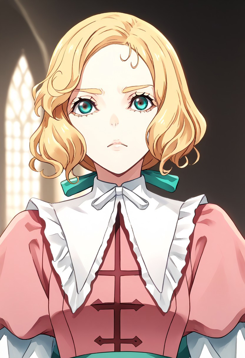 score_9, score_8_up, score_7_up, score_6_up, score_5_up, score_4_up, source_anime, 1girl, solo, 
maria,long blonde hair,aqua ribbon,wavy hair, blue eyes,, mariadress,frills, neck ribbon,capelet,puffy long sleeves, pink pants, 
masterpiece, best quality, very aesthetic, absurdres,