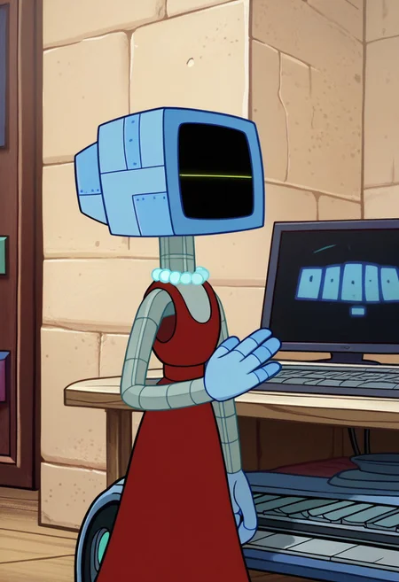score_9, score_8_up, score_7_up BREAK, KarenSB, 1girl, robot girl, metal body, blue computer head, black screen, blue hands, wheels, pearl necklace, sleeveless red dress, green led smiley face,