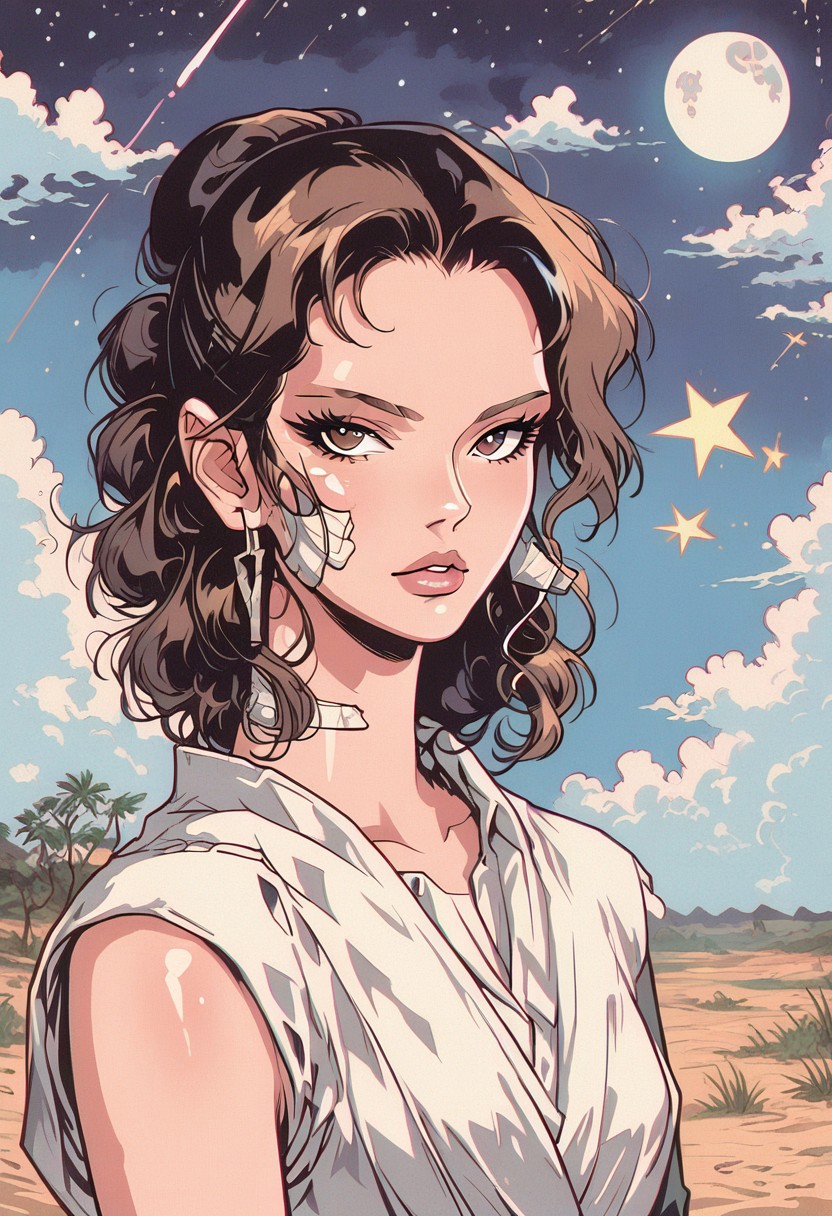 score_9, score_8_up, score_7_up, score_6_up, score_5_up, score_4_up, BREAK sourse_anime, retro anime style, detailed retro anime, 90's anime style, 1990s \(style\), Vintage, dreamy psychedelic anime, high quality, best quality, anatomically correct, masterpiece, BREAK 1woman, solo, from front, upper body shot, BREAK solo, (Rey Skywalker), brown hair, brown eyes, sleeveless, jedi, white cloth, white pants, white bandages, fully clothed, BREAK looking up, shooting star, large moon, desert at night, BREAK (hands reach out to the star), (night, shining stars in the sky on background), translucent rainbow, cowboy shot, d41z3n