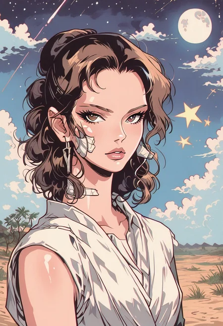 score_9, score_8_up, score_7_up, score_6_up, score_5_up, score_4_up, BREAK sourse_anime, retro anime style, detailed retro anime, 90's anime style, 1990s \(style\), Vintage, dreamy psychedelic anime, high quality, best quality, anatomically correct, masterpiece, BREAK 1woman, solo, from front, upper body shot, BREAK solo, (Rey Skywalker), brown hair, brown eyes, sleeveless, jedi, white cloth, white pants, white bandages, fully clothed, BREAK looking up, shooting star, large moon, desert at night, BREAK (hands reach out to the star), (night, shining stars in the sky on background), translucent rainbow, cowboy shot, d41z3n