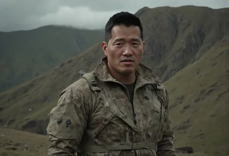 (((The man's face is htkangface and moaning))), (((solo))), daddy, natural face expression, Photorealistic, realistic, masterpiece, intricate details, detailed background, depth of field, photo of a handsome, dynamic pose, natural face expression, high detail, high quality, Movie Still, Film Still, Cinematic, Cinematic Shot, Cinematic Lighting, ring, (((pectoral))), (((virility))), 4k, highly detailed . 35mm photograph, film, masterpiece, 4k,professional, 4k, highly detailed, ((big remarkable nipples)), (((covered nipples))), ((huge nipples)),(((sweaty))), (((the man is standing in the basecamp))), (((the man is wearing granite B camouflage pettterned military tight jacket and granite B camoflage petterened military uniform and wearing dark green tight t-shirt inside)), sweaty