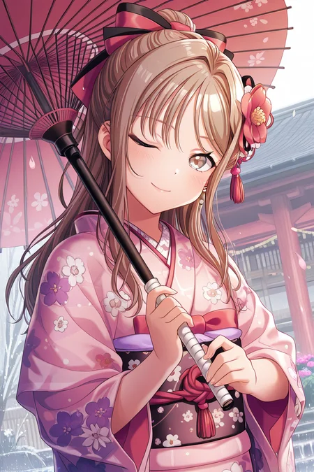 masterpiece, best quality, amazing quality,
<lora:HayateV2_IL:1> hayate, 1girl, umbrella, one eye closed, solo, japanese clothes, kimono, oil-paper umbrella, holding, long hair, smile, hair ornament, holding umbrella, looking at viewer, brown hair, flower, floral print, bow