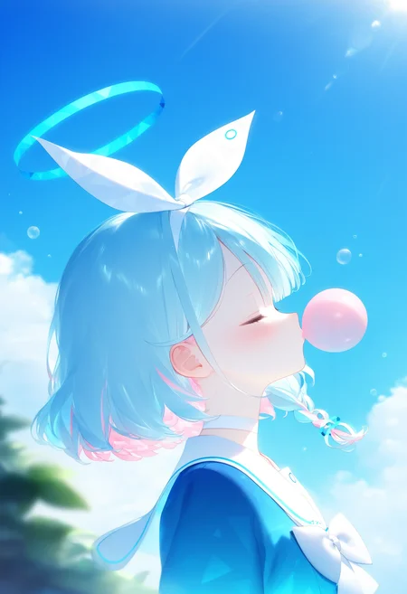 alens,
1girl, arona \(blue archive\), solo, bubble blowing, pink hair, closed eyes, chewing gum, halo, blue halo, multicolored hair, white choker, choker, colored inner hair, blue hair, upper body, white hairband, cloud, blue shirt, hairband, sky, blurry, from side, bow, short hair, outdoors, sailor collar, braid, blush, shirt, white sailor collar, blue sky, school uniform, bowtie, bubble, white bowtie, white bow, day, profile, serafuku, depth of field, two-tone hair, blurry foreground, side braid, white ribbon, single braid, leaf, blurry background, bow hairband, aqua hair, ribbon, hair ribbon
, masterpiece, best quality, good quality,
<lora:ai_styles_collection_noob_eps-1.1-v5-000009:1>