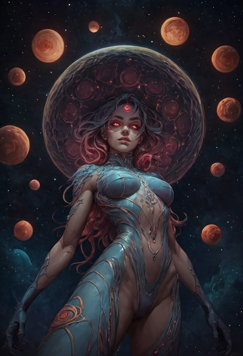Score_9, score_8_up,score_6_up, (perfect anatomy), realistic photograph of a heroic woman surrounded by space, bright vibrant colors, piercing realistic eyes, angled view from below,