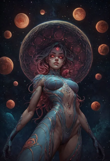 Score_9, score_8_up,score_6_up, (perfect anatomy), realistic photograph of a heroic woman surrounded by space, bright vibrant colors, piercing realistic eyes, angled view from below,