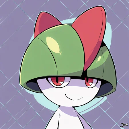 best quality, hires, highly detailed, score_7_up, score_8_up, score_9_up, <lora:RaltsV11-14:0.9>, ralts, pokemon (creature), feral, 1boy, male, solo, portrait, green hair, white body, red eyes, looking at viewer, smile, <lora:PDXL_artist_tags_v2_big:1>, by jinu