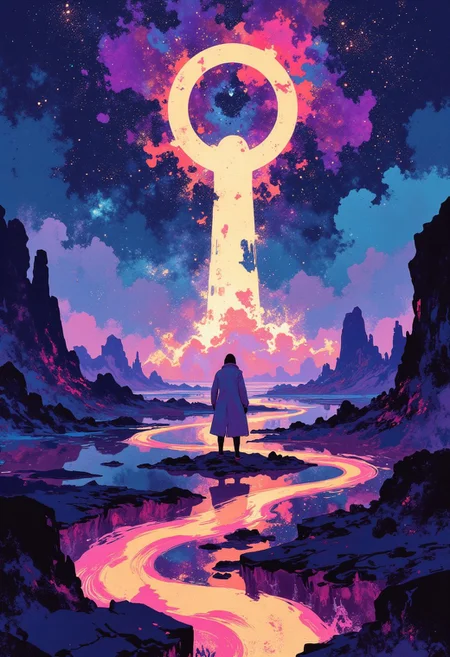 A cosmic and surreal landscape featuring a lone human figure standing before an enormous, glowing keyhole-shaped portal that dominates the alien horizon. The portal pulses with fiery hues of magenta, crimson, and orange, radiating an intense energy that appears to ripple across the dark, reflective terrain. The figure, draped in a long coat, is dwarfed by the immense scale of the portal, evoking themes of insignificance and curiosity in the face of the universe's vast mysteries.
The ground is a mirror-like surface, fractured by jagged, obsidian-like rock formations that protrude irregularly, giving the scene an otherworldly texture. A luminous, winding path of glowing neon orange and pink threads through the terrain, creating a serpentine guide to the portal. The reflections on the surface amplify the glowing light, creating a mesmerising interplay of colours that ripple outward like waves.
The sky above is a celestial masterpiece, dominated by a swirling galactic expanse of deep blue, vibrant purple, and brilliant white. This nebula-like formation across the horizon, stars, planets, cosmic wonder.
cinematic, balancing isolation and grandeur. The portal suggests a gateway to another dimension, with the human figure standing as a symbol of curiosity, bravery, and the pursuit of the unknown. 
Focus on capturing the intricate details of the glowing path, the reflective textures of the terrain, and the swirling patterns of the cosmic sky.
i11ustmin Illustration