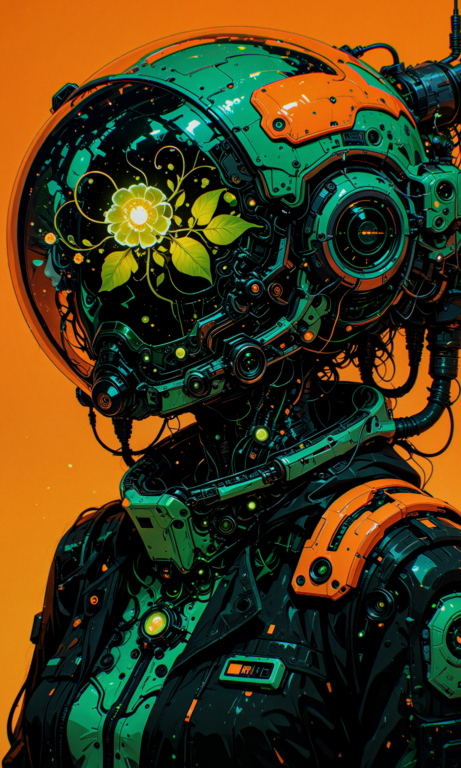 masterpiece, best quality, amazing quality, very aesthetic, absurdres, newest
digital art, frontal portrait, futuristic, sci-fi
1girl, solo, upper body, eyes gently closed
helmet, biosphere inside helmet, organic elements, technology, black jacket, detailed design, high contrast, intricate details, dreamlike atmosphere
orange background, lush green plants, glowing flowers
artist:moriimee, in the style of cksc, in the style of cknc, in the style of ck-rw <lora:reij-detaILer v2:0.4> <lora:spo_sdxl_10ep_4k-data_lora_webui:0.8> <lora:MoriiMee_Gothic_Niji_Style_Illustrious_r1:0.4> <lora:ck-shadow-circuit-IL-000012:0.8> <lora:ck-nc-cyberpunk-IL-000011:0.4> <lora:ck-neon-retrowave-IL-000012:0.2>
