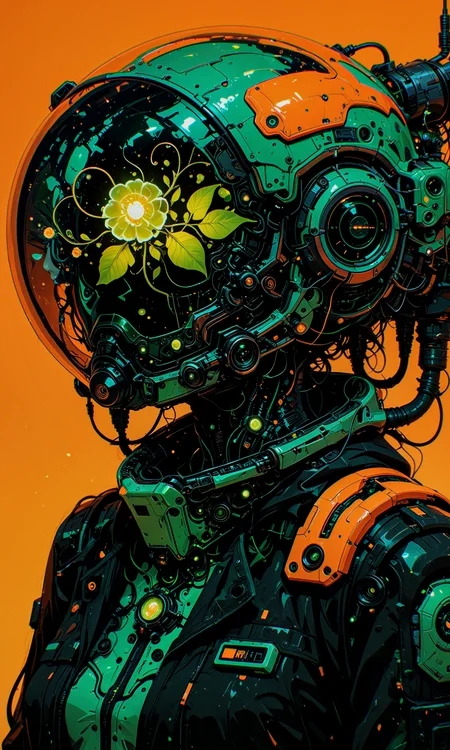 masterpiece, best quality, amazing quality, very aesthetic, absurdres, newest
digital art, frontal portrait, futuristic, sci-fi
1girl, solo, upper body, eyes gently closed
helmet, biosphere inside helmet, organic elements, technology, black jacket, detailed design, high contrast, intricate details, dreamlike atmosphere
orange background, lush green plants, glowing flowers
artist:moriimee, in the style of cksc, in the style of cknc, in the style of ck-rw <lora:reij-detaILer v2:0.4> <lora:spo_sdxl_10ep_4k-data_lora_webui:0.8> <lora:MoriiMee_Gothic_Niji_Style_Illustrious_r1:0.4> <lora:ck-shadow-circuit-IL-000012:0.8> <lora:ck-nc-cyberpunk-IL-000011:0.4> <lora:ck-neon-retrowave-IL-000012:0.2>