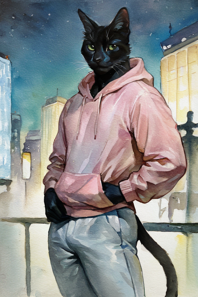 masterpiece, best quality, highres, newest, traditional media, realistic, watercolor \(medium\), anthro, furry, black cat, cat, black fur, green eyes, pink hoodie, grey pants, muscular, 1boy, solo, male focus, mature male, looking at viewer, cowboy shot, standing, outdoors, city, building, night, night sky, dark background <lora:Blue Water [LoRA] - NoobAI-XL EPS 1.0:0.8>