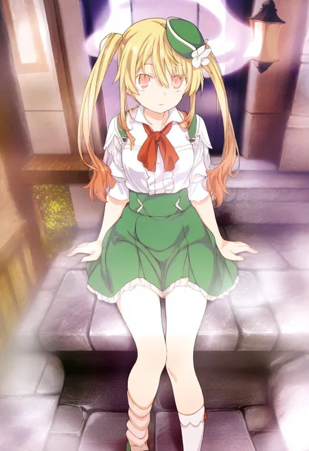 soft light, perfect anatomy , sharp focus, ((Depth of field)) deep depth, (Ultra detailed), best quality, intricate lighting, (absurd resolution), high resolution, intricate details, volumetric lighting, green hat, yellow hair, flowing detailed hair, innocent eyes, white panty hose, green skirt, green shoulder straps , white thick inner shirt, green striped socks, green shoes, small hat, twin tail hair, natural cloths, wild like girl, Fun Spirit, Fine Details, ,Fun Spirit, Fine Details,, s4ish0,, curious excitement , (white center tones), (green inner tones),