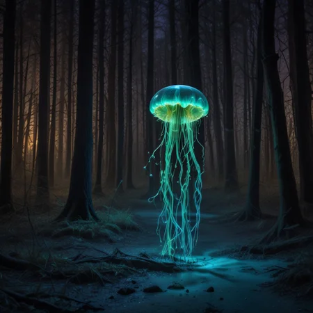 holographic translucent biolumiscent jellyfish on forest ground,alcohol ink and fluid thick oil,hyperrealistic,perfect mixed styles with amazing depth,iridescent complementary colors,dramatic flickering back light,surreal hypercreative masterwork by head of prompt engineering