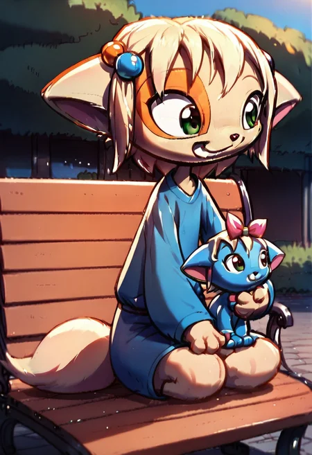 <lora:Paige_v2_r1:0.8>,
score_9,score_8_up,score_7_up,paige,
1girl,solo,furry,
recette, outdoors, young 1girl, holding stuffed blue bunny, , hair ornament, short hair, hair bobbles, smile, sitting on park bench, bold colors, cute smile, recettear