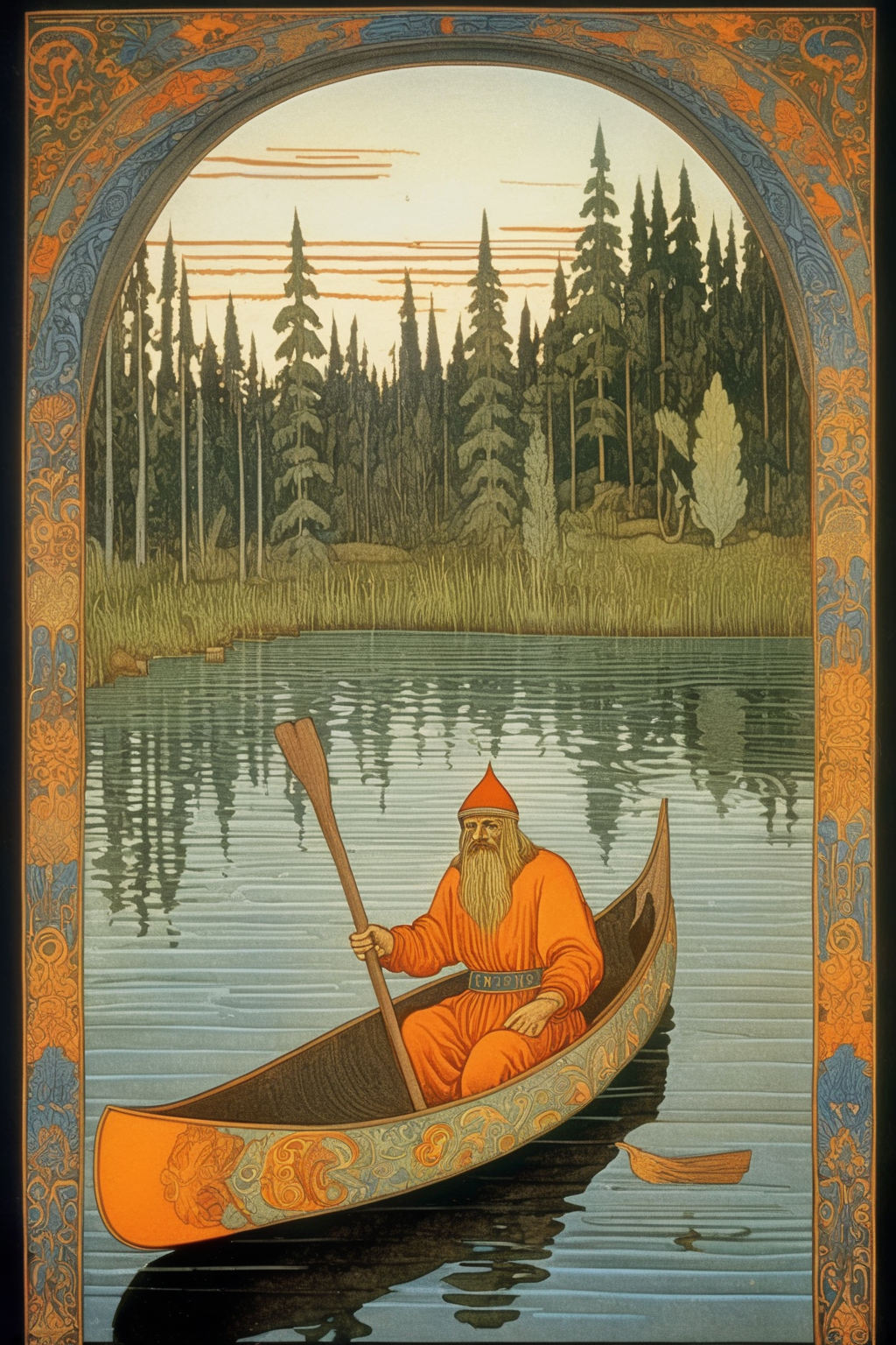 <lora:Ivan Bilibin Style:1>Ivan Bilibin Style - A painting ivan bilibin depicting an early Polynisian man in a canoe