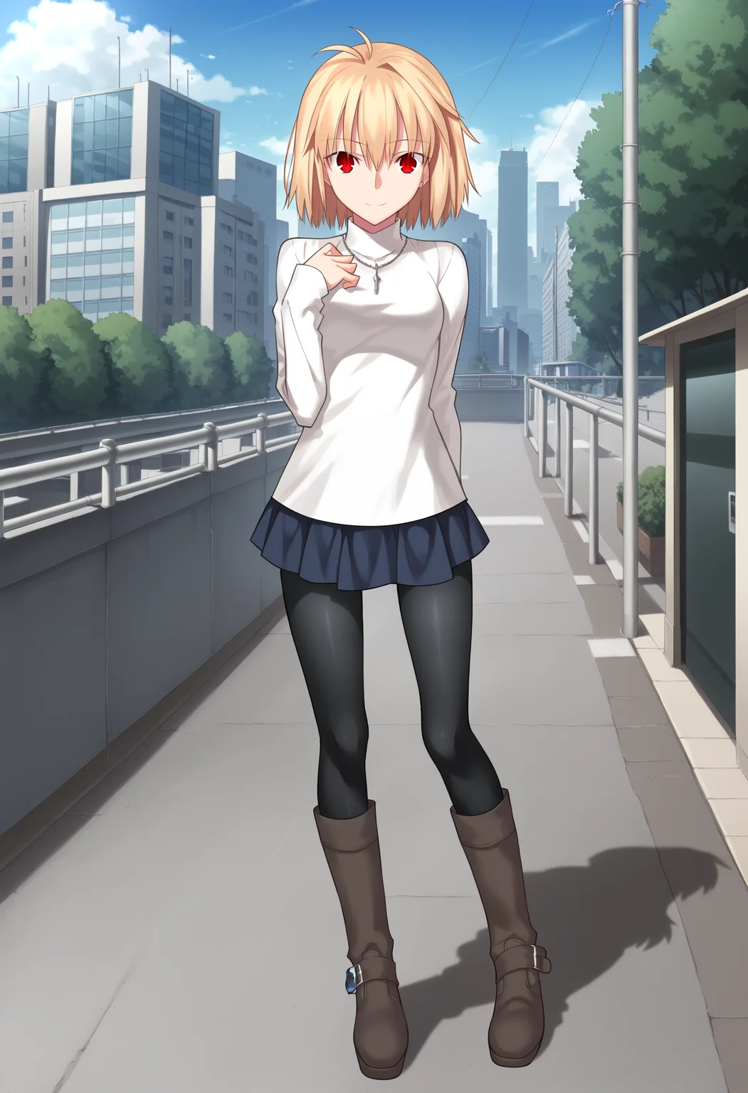 arcdefault, 1girl, solo, turtleneck sweater, necklace, skirt, pantyhose, boots, red eyes, outdoors, standing, city, downtown, looking at viewer