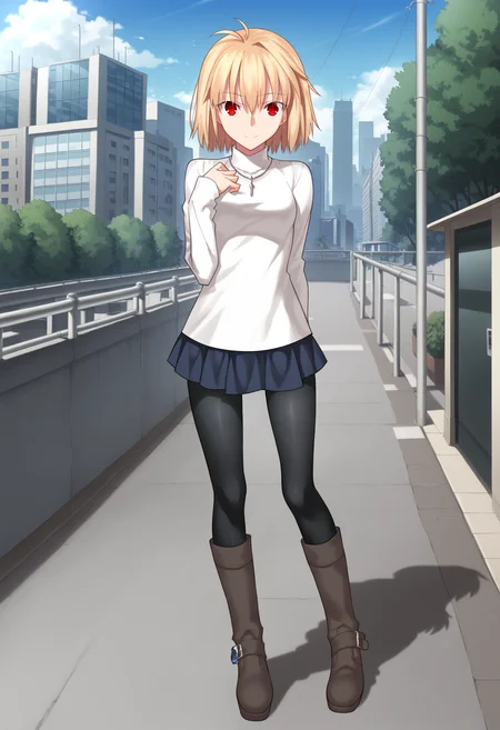 arcdefault, 1girl, solo, turtleneck sweater, necklace, skirt, pantyhose, boots, red eyes, outdoors, standing, city, downtown, looking at viewer