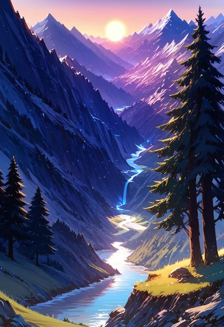 score_9, score_8_up, score_7_up, masterpiece, landscape, trees, sun, forest, mountains, river, epiCPhoto, hkmagic