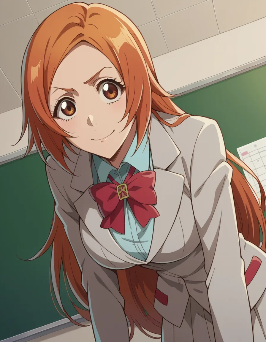 score_9, score_8_up, score_7_up, source_anime,
inoueorihime, <lora:inoue-orihime-tybw-ponyxl-lora-nochekaiser:1>,
inoue orihime, long hair, orange hair, brown eyes,
school uniform, blazer, grey blazer, shirt, white shirt, collared shirt, bowtie, red bowtie,
indoors, classroom, bent over, smile,
looking at viewer, cowboy shot, dutch angle, solo,
