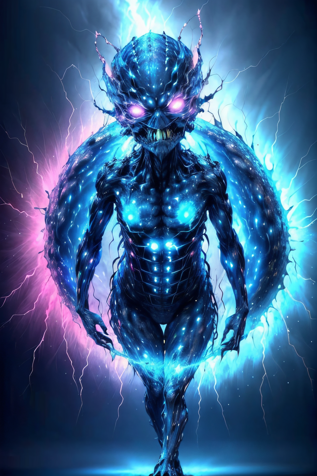 (Blue and pink Energy-based entities that manifest as swirling, living storms. They are composed of charged particles and emit crackling bolts of lightning from their core. They can change the intensity of their electrical displays, using them for communication or as a display of emotions.:1.2) (Realisitc:1.5) alien woman monster, breasts, <lora:EdobMonsterFemale2_v1.0:0.8>