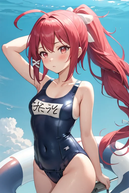 best quality, masterpiece, highres, solo, {i_168_kantaicollection:1.15}, long_hair, red_hair, ponytail, hair_ribbon, ribbon, red_eyes, swimsuit, serafuku, school_swimsuit, blush, one-piece_swimsuit, ahoge