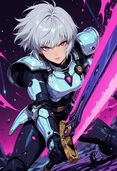 <lora:ck-nc-cyberpunk-IL-000011:0.35>,  masterpiece, best quality, good quality, very aesthetic, absurdres, newest, 8K, depth of field, focused subject, dynamic angle, action shot, close-up shot, wabi sabi warrior dressed in holographic armor, neon color splash, battle stance, holding a futuristic battle scared sword, fierce look, she's got silver platinum hair and an otherworldly aura around her, studio anime
in the style of cknc, in the style of ck-rw
<lora:MoriiMee_Gothic_Niji_Style_Illustrious_r1:0.5>
<lora:ck-neon-retrowave-IL:0.55>
<lora:ck-shadow-circuit-IL:0.65>