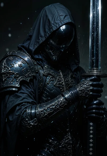 An1meL1nes, A mysterious, hooded figure. The figure is clad in intricately detailed black armor, adorned with ornate patterns and textures that suggest a gothic or medieval style. The hood obscures the face, casting deep shadows that enhance the enigmatic presence. The figure's hands, covered in armored gauntlets, grip the hilt of a large, menacing katana. The katana's blade is partially visible, reflecting a cold, metallic sheen. The background is blurred, emphasizing the central figure and adding to the atmospheric, moody tone of the composition. Water droplets are visible on the armor, suggesting a recent rain or mist, adding a dynamic element to the scene. <lora:FluxMythAn1meL1nes:1>