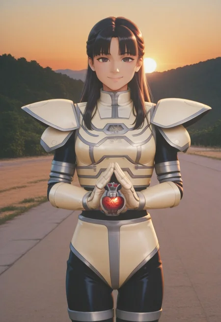 anime screencap, anime coloring,
solo, 1girl, cowboy shot
dark hair, long hair, curtain bangs, dark eyes looking at viewer, medium breasts, smile, (covered neck), BREAK
A9eha, white tshirt, extend hands, crossing hands, hands in front, small KomanVois, gloves, bodysuit,
outdoors, road, sunset, dramatic lighting
<lora:DetailedPerfect_hands_r1:1> <lora:coveredneck_v1-000006:0.8>