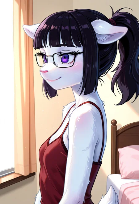 masterpiece, best quality, very aesthetic, absurdres,
bedroom, upper body,
, petite breasts, cute,
happy, long eyelashes,
<lora:Tala_v01_NAIXL:1>
T4l4,1girl,solo,furry,furry female,black hair,animal ears,ponytail,blunt bangs,purple eyes,glasses,snout,animal nose,body fur,white fur, side view,