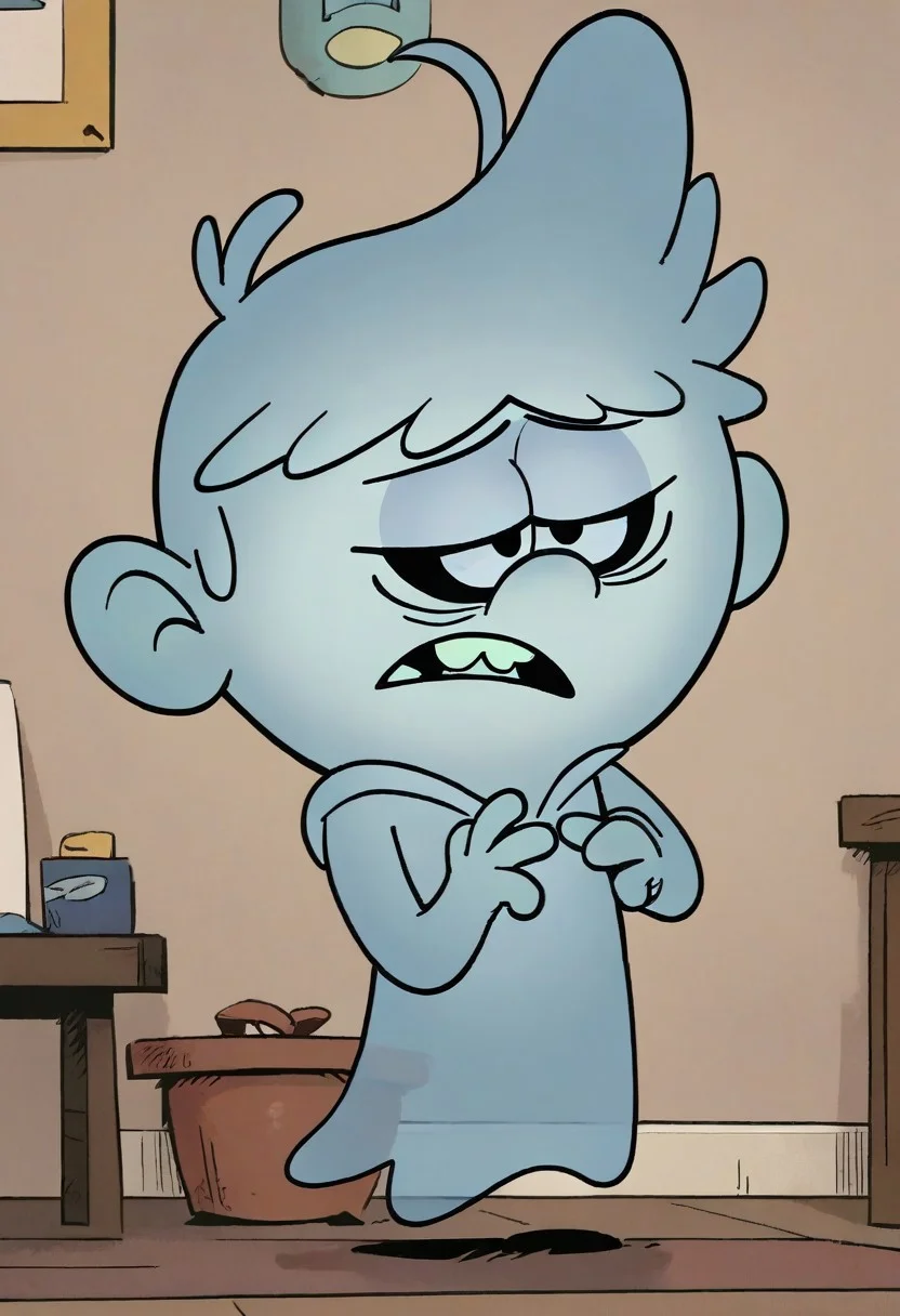 (score_9 | score_8_up | score_7_up)
((masterpiece:1))(best quality,very high quality,ultra detailed:1.2)
(2D,cartoon style,anime style)(Smooth:2)(clean blurring)
(four fingers on each hand,one thumb on each hand:1), wraith, ghost, Leif Loud, solo, 1boy, blue hair, missing teeth, blue baseball cap facing backwards, blue skin, ghost tail, full body