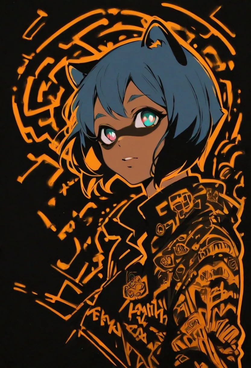 score_9, score_8_up, score_7_up ,expressiveh ,1goirl, solo, michiru kagemori, blgStyle, black background ,graffiti, flat lighting, blue and orange theme, orange outline, monochrome, (white skin:1.2),