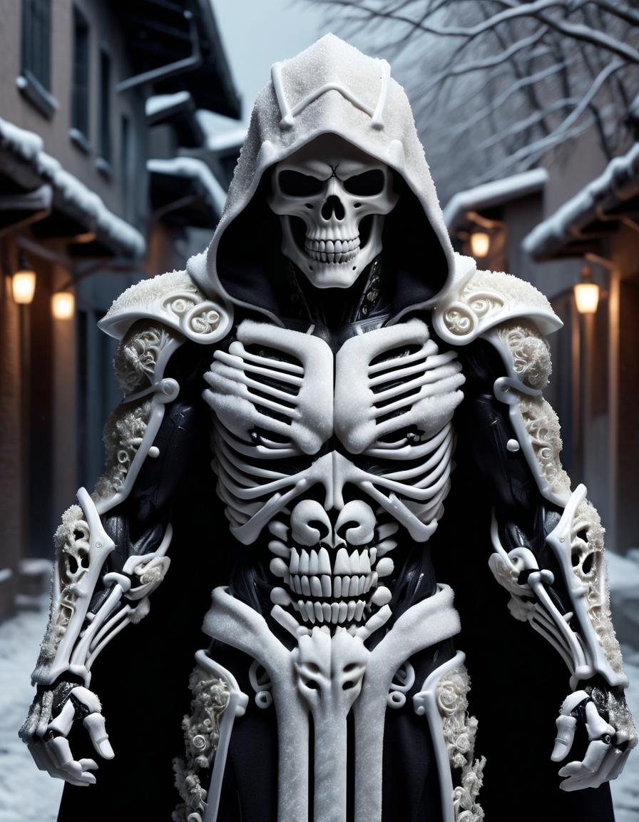 (masterpiece:1.2), best quality, high resolution, perfect lighting, extremely detailed, (Terminator assasin), battle scared white and black carbon armor, Wearing a dark cloak with hood, skull face just visable under hood, full_armor, humanoid, Metal Human skull head, (extreme detailed micro mechcanical scary Metal human skull design). Samurai sword shinning silver, Runes decorative embossments over his cloak, slim muscular body fast agile and stealthy, background a dark back street with subtle lighting and shadows, facing viewer, solo, , uhd, hdr <lora:ral-decoznow:1> ral-decoznow