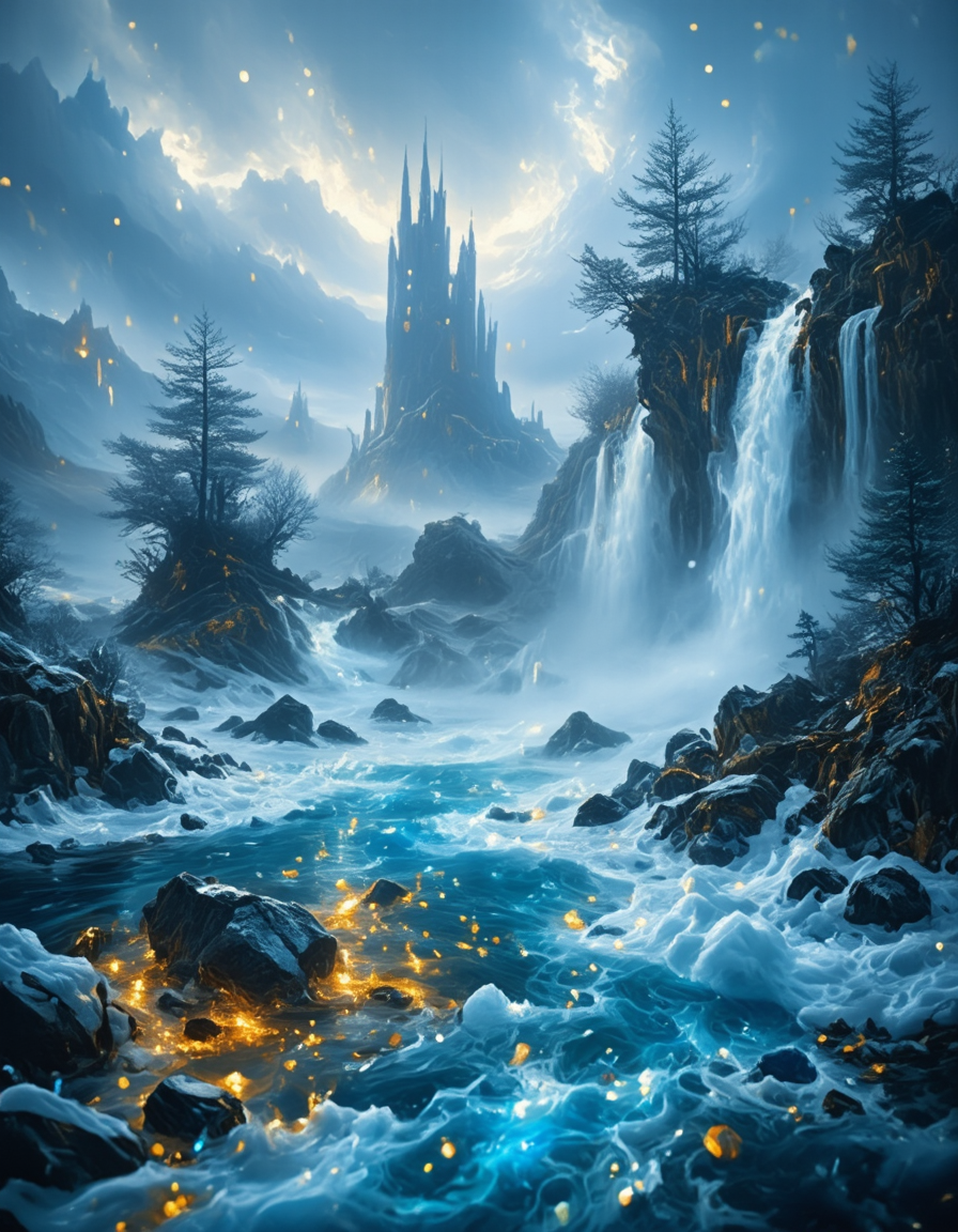 <lora:Medieval_Worlds_Scenery01bflux:1> mwl01, scenery, bokeh, trees, fantasy, rocks, shiny diamonds, photo, rough sea, islands, frozen walls, waterfall, gold, blue, marble, T8, snow, skylight through clouds, mist, clouds