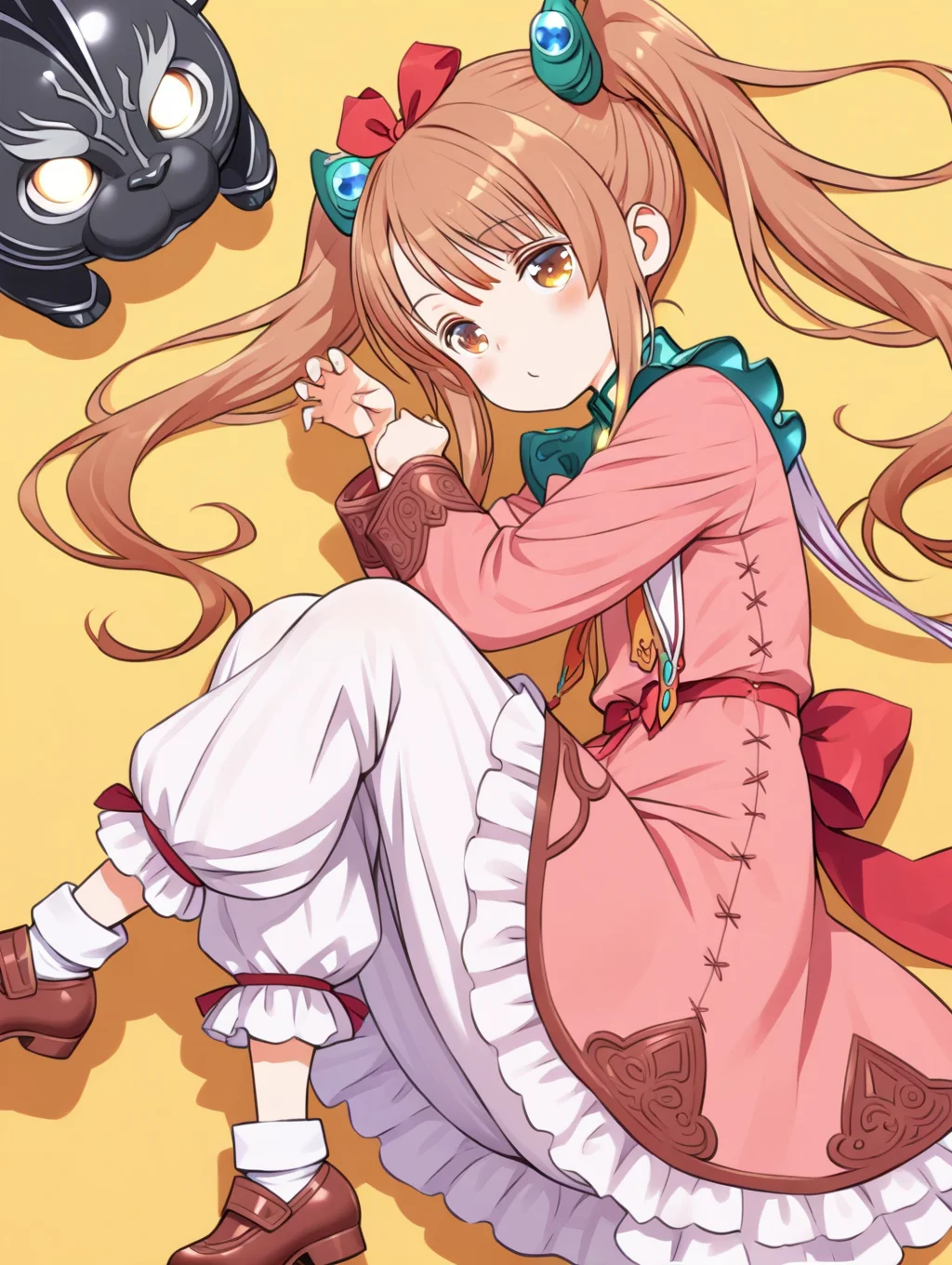 perfect quality,best quality,absolutely eye-catching,ambient occlusion,raytracing BREAK
1girl,<lora:rimuru IL v1.1:0.8>,rimuru,brown hair,twintails,hair ornament,red ribbon,pink dress,long sleeves,frilled dress,white puffy pants,shoes,, from side, looking at viewer,close-up,on back,claw_pose,arm_around_waist,crossed_legs,