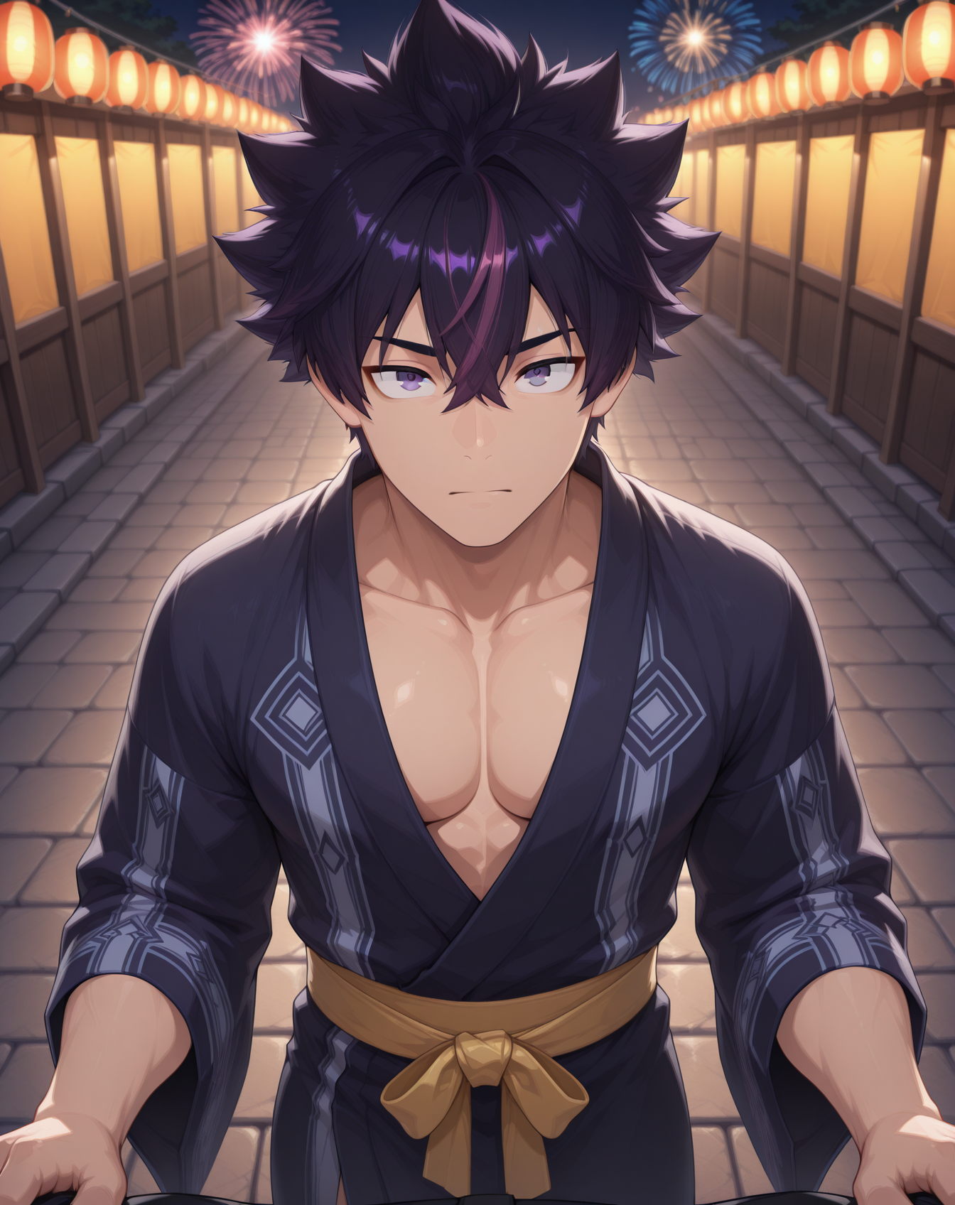 masterpiece,best quality,amazing quality, newest, very aesthetic, absurdres,
1boy, solo, yaoi, male focus, looking at viewer, cowboy shot,
 <lora:Sieghart_Old_Limit_Break_ilxl:1> siegolb, spiked hair, black hair, greyeyes, short hair, purple hair, multicolored hair, hair between eyes,
yukata, open clothes,
outdoors, festival, night, fireworks, stone floor,