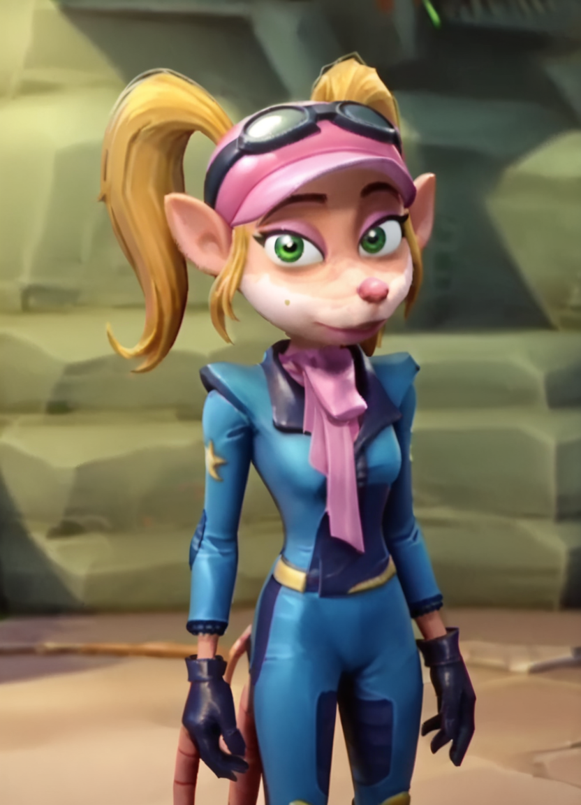 <lora:PasadenaPony1.0:1> pasadena o'possum, 1girl, twintails, racing suit, pink headwear, pink scarf, goggles on headwear,sidelocks,  solo,boots,  blonde hair, animal ears, gloves, standing, green eyes, furry female, tail, score_9, score_8_up, score_7_up, score_6_up, score_5_up, score_4_up, looking at viewer, cowboy shot,