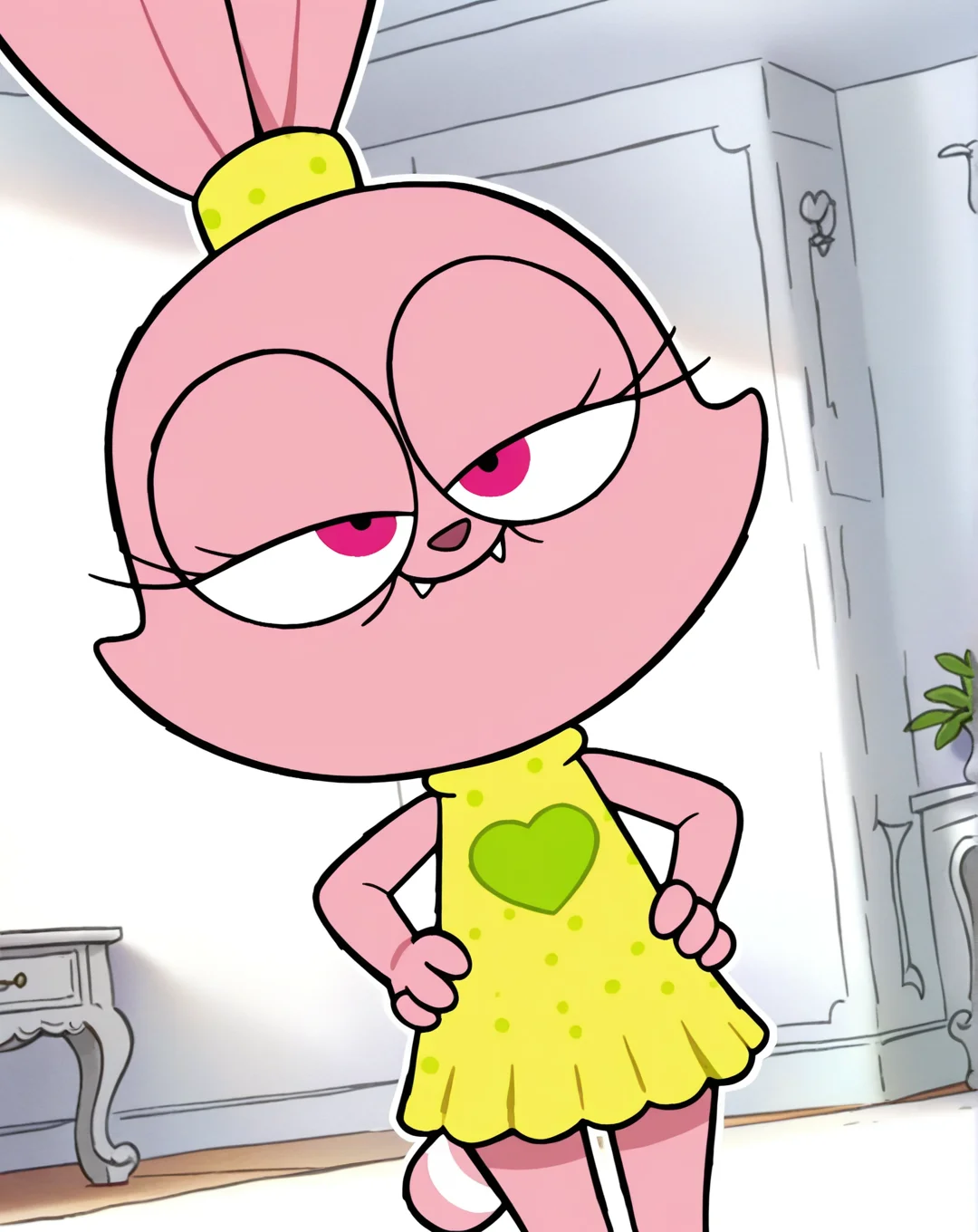 masterpiece, best quality, amazing quality, very aesthetic, absurdres, newest, solo, PaniniZYN, 1girl, solo, pink fur, rabbit ears, hair tie, pink eyes, fangs, yellow dress, raccoon tail, cowboy shot, looking at viewer, beautiful, ((beautiful face, beautiful eyes)), Wide Hips, Thicks Thighs, Thicc Girl, standing,(smile, dutch angle, Hands on hips,naughty pose, looking at viewer, indoors, elegant room, solo, dynamic pose, full_body, head tilt,),((white background, White frame, white outline)),Lemon_Meringue