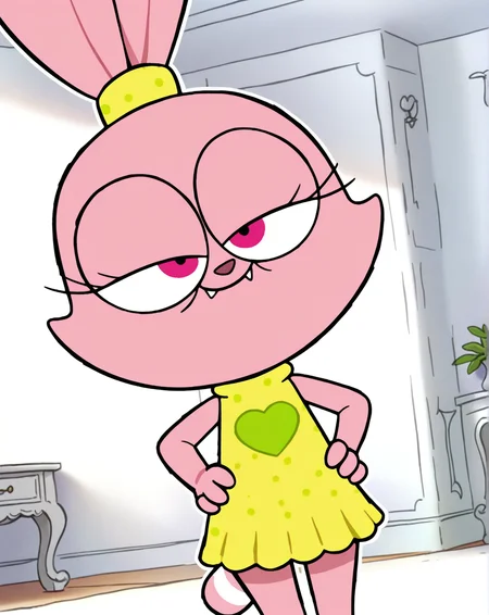 masterpiece, best quality, amazing quality, very aesthetic, absurdres, newest, solo, PaniniZYN, 1girl, solo, pink fur, rabbit ears, hair tie, pink eyes, fangs, yellow dress, raccoon tail, cowboy shot, looking at viewer, beautiful, ((beautiful face, beautiful eyes)), Wide Hips, Thicks Thighs, Thicc Girl, standing,(smile, dutch angle, Hands on hips,naughty pose, looking at viewer, indoors, elegant room, solo, dynamic pose, full_body, head tilt,),((white background, White frame, white outline)),Lemon_Meringue