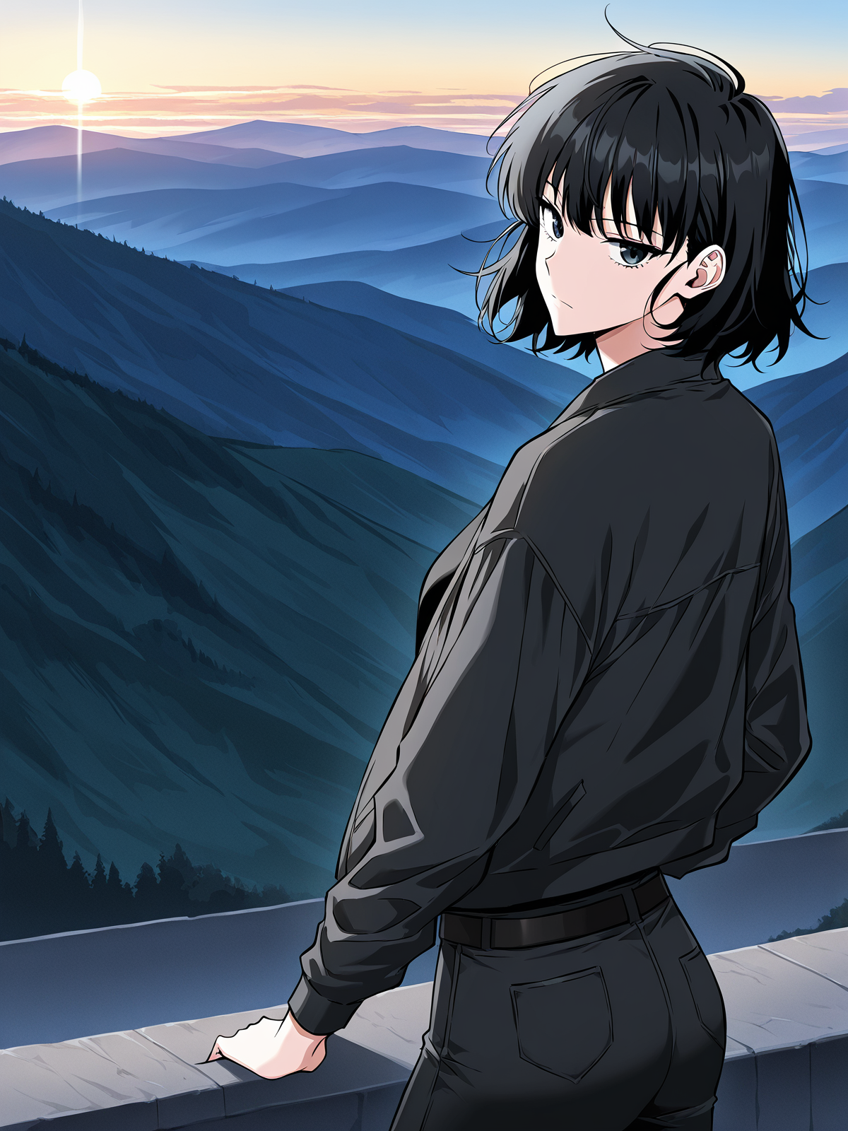 <lora:Omniscient Reader's Viewpoint _ Han Sooyoung_epoch_7:1>
1 girl, solo, short hair, messy hair, black hair, black eyes, 
black jacket, black t-shirt, black skinny pants, black combat boots, all black outfit,
score_9, score_8_up, score_7_up, source anime, BREAK, cowboy shot, (from side), looking back, looking at viewer, overlooking mountain, high altitude, scenery, exterior, background