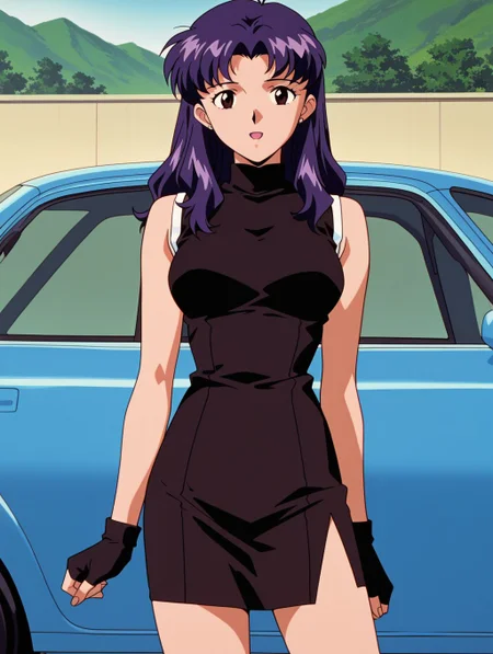 masterpiece, best quality, newest, absurdres, highres, detailed eyes, beautiful, detailed background, perfect eyes, anime coloring, anime screencap, 1990s \(style\), 1girl, solo, mature female, katsuragi misato, purple hair, long hair, brown eyes, medium breasts, black dress, turtleneck, sleeveless, bare shoulders, fingerless glove, ankle boots, looking at viewer, open mouth, (outdoors, blue car), cowboy shot, <lora:misato_ceva_illus-06:0.8>
