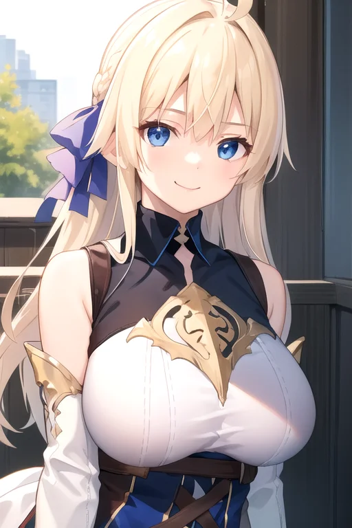 ((masterpiece)),(best quality),official art,extremely delicate and beautiful,extremely detailed CG,unity 8k wallpaper,ultra detailed,beautiful detailed eyes,extremely detailed face,outdoors,1girl,solo,upper body,(portrait:1.5),looking at viewer,facing viewer,smile,Lafilia Merck,ahoge,very long hair,blond hair,hair ribbon,blue ribbon,single braid,hair bow,blue bow,hair intakes,floating hair,sidelocks,hair between eyes,bangs,blue eyes,white shirt,short dress,white dress,sleeveless dress,detached sleeves,fingerless gloves,huge breasts,underbust,zettai ryouiki,thigh boots,white footwear,<lora:Lafilia Merck-v1:0.8>,