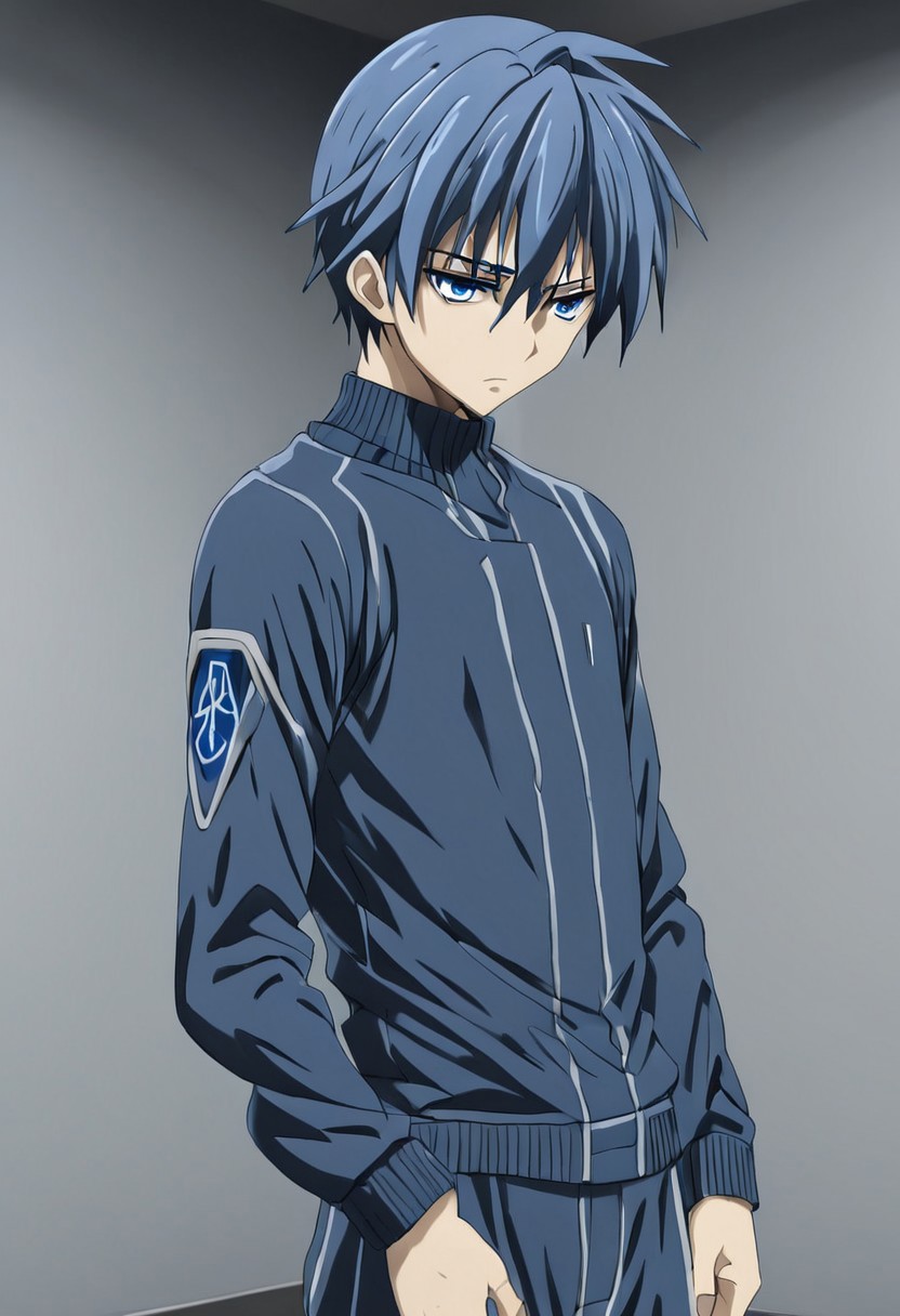 high resolution, solo, best quality, 1Boy, Tomoya Okazaki, Grey Blue Hair, blue eyes, Standing with arms down, expressionless, defeated, compliant,