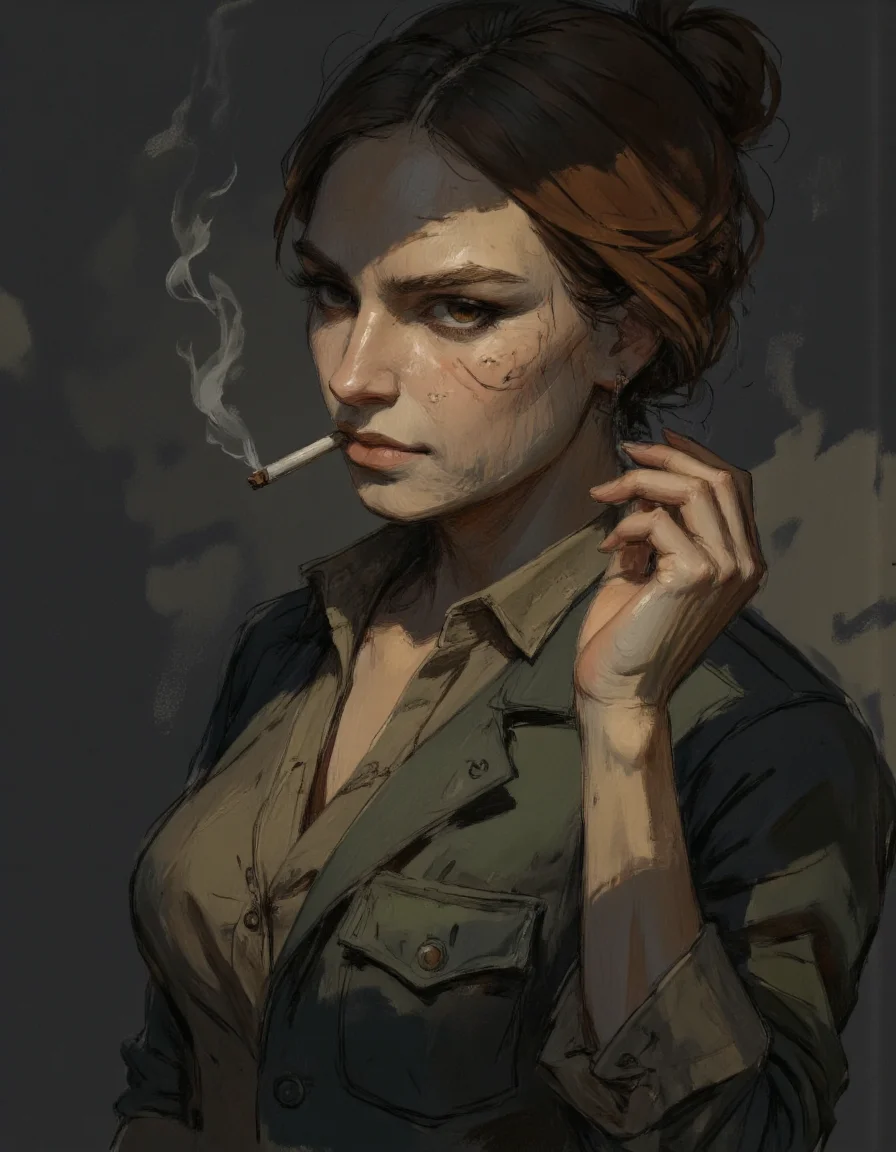 Ev Ganin II style. A girl, photo of the most beautiful artwork in the world for a woman featuring soft lustrous, she is Smoking cigarettes industrial mechanic real world, fantastic location, working environment, rugged harsh situation worker, full body 8k unity render, action shot, skin pores, detailed intricate iris, very dark lighting, heavy shadows, detailed, detailed face, (vibrant, photo realistic, realistic, dramatic, dark, sharp focus, 8k) , (weathered greasy dirty damaged old worn technician worker outfit:1. 1) , (intricate:1. 1), (highly detailed:1. 1) , digital painting, octane render, artstation, concept art, smooth, sharp focus, illustration, art by artgerm, (loish:0. 23) , wlop ilya kuvshinov. , (global illumination, studio light, volumetric light). <lora:Ganin_II:1.0>