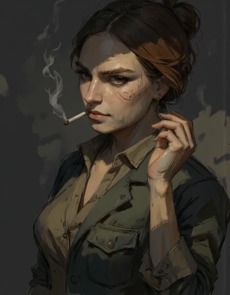 Ev Ganin II style. A girl, photo of the most beautiful artwork in the world for a woman featuring soft lustrous, she is Smoking cigarettes industrial mechanic real world, fantastic location, working environment, rugged harsh situation worker, full body 8k unity render, action shot, skin pores, detailed intricate iris, very dark lighting, heavy shadows, detailed, detailed face, (vibrant, photo realistic, realistic, dramatic, dark, sharp focus, 8k) , (weathered greasy dirty damaged old worn technician worker outfit:1. 1) , (intricate:1. 1), (highly detailed:1. 1) , digital painting, octane render, artstation, concept art, smooth, sharp focus, illustration, art by artgerm, (loish:0. 23) , wlop ilya kuvshinov. , (global illumination, studio light, volumetric light). <lora:Ganin_II:1.0>